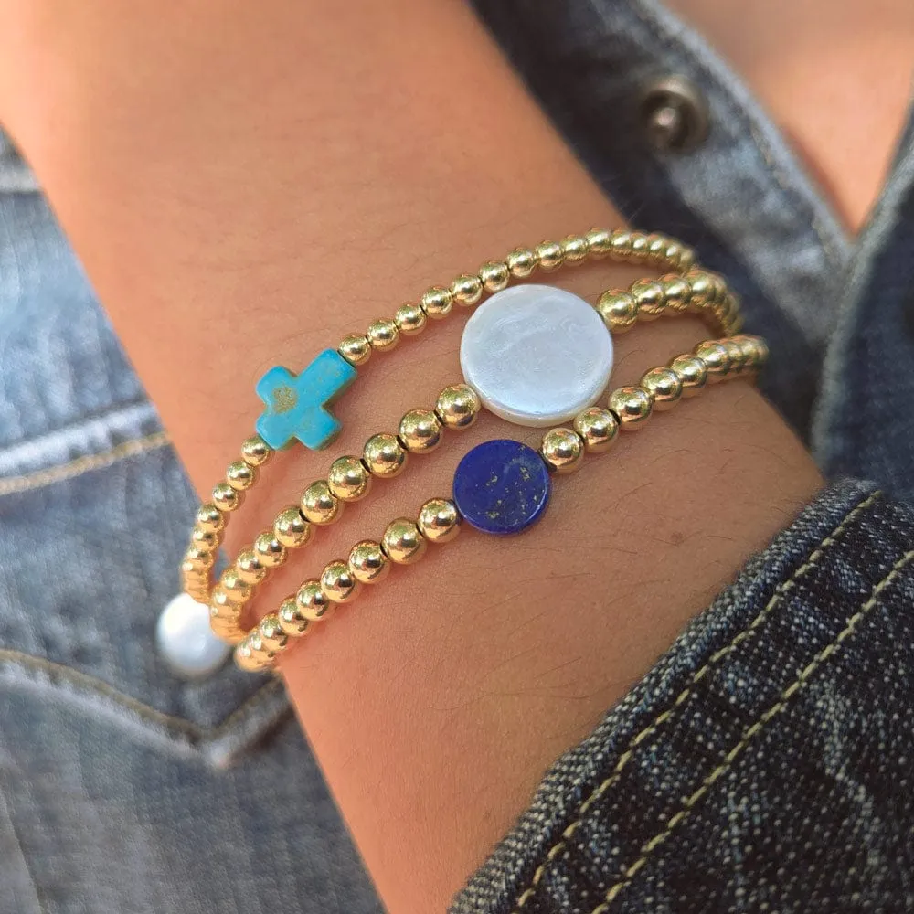 14k Gold-Filled Bracelet Set w Turquoise Cross & Lapis Disc Stretch to Fit