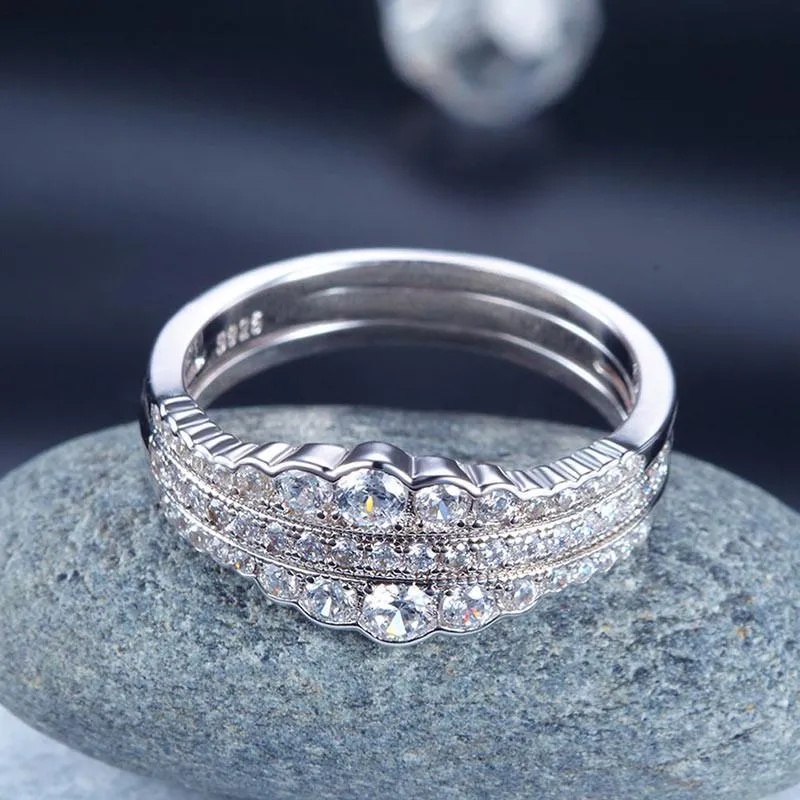 925 Sterling Silver Wedding Band Ring Set 3-Pieces Anniversary Simulated Diamond