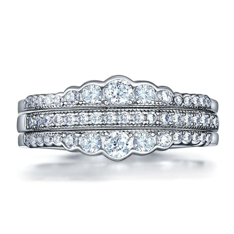 925 Sterling Silver Wedding Band Ring Set 3-Pieces Anniversary Simulated Diamond