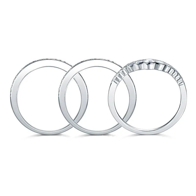 925 Sterling Silver Wedding Band Ring Set 3-Pieces Anniversary Simulated Diamond