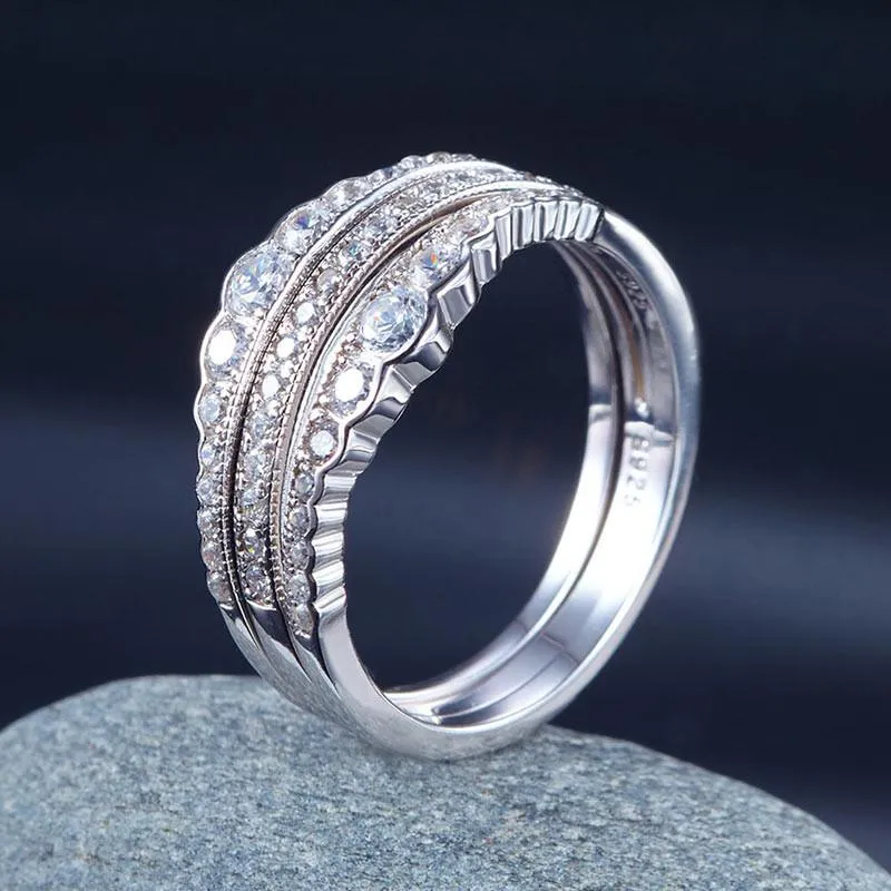 925 Sterling Silver Wedding Band Ring Set 3-Pieces Anniversary Simulated Diamond