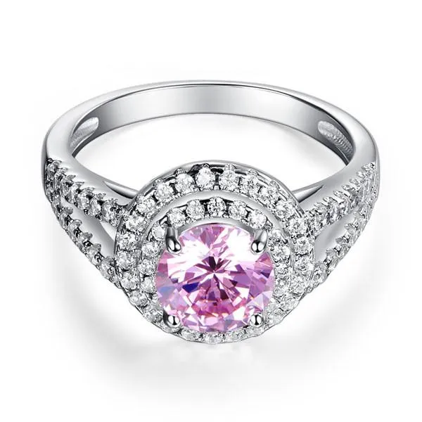 Double Halo 925 Sterling Silver Wedding Engagement Ring 1.25 Ct Fancy Pink Simulated Diamond Promise Anniversary