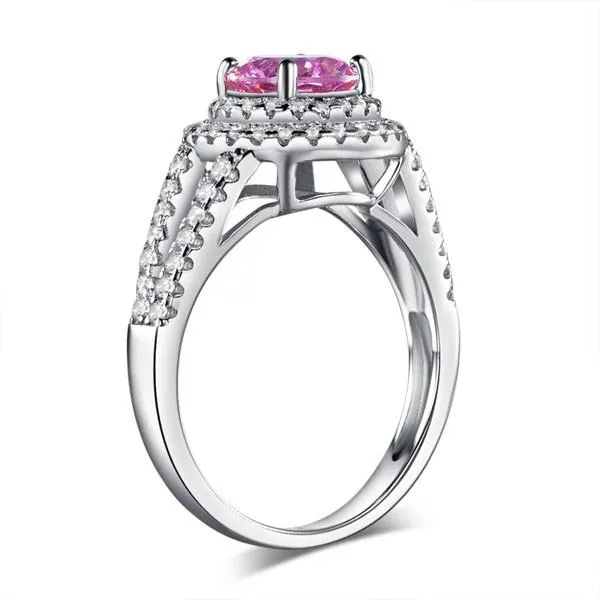 Double Halo 925 Sterling Silver Wedding Engagement Ring 1.25 Ct Fancy Pink Simulated Diamond Promise Anniversary