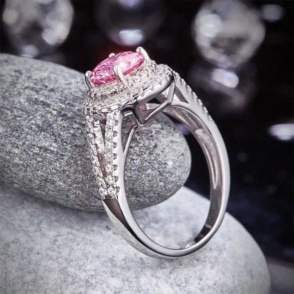 Double Halo 925 Sterling Silver Wedding Engagement Ring 1.25 Ct Fancy Pink Simulated Diamond Promise Anniversary
