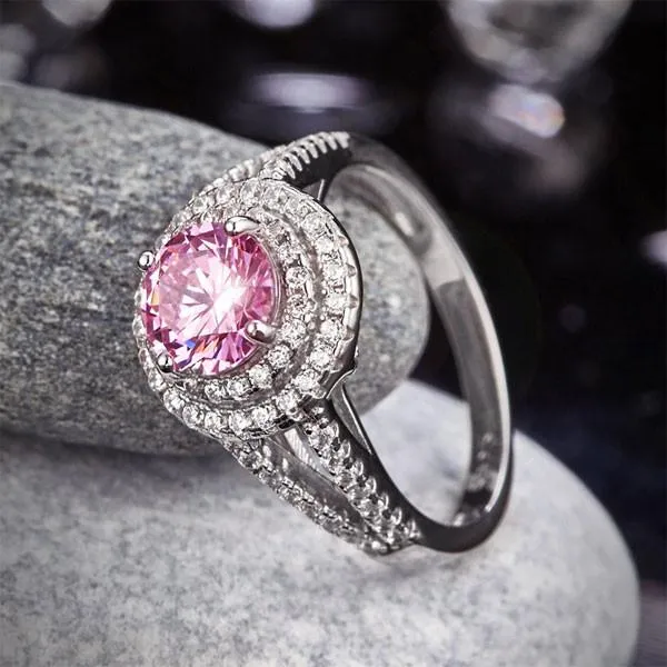 Double Halo 925 Sterling Silver Wedding Engagement Ring 1.25 Ct Fancy Pink Simulated Diamond Promise Anniversary