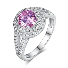 Double Halo 925 Sterling Silver Wedding Engagement Ring 1.25 Ct Fancy Pink Simulated Diamond Promise Anniversary